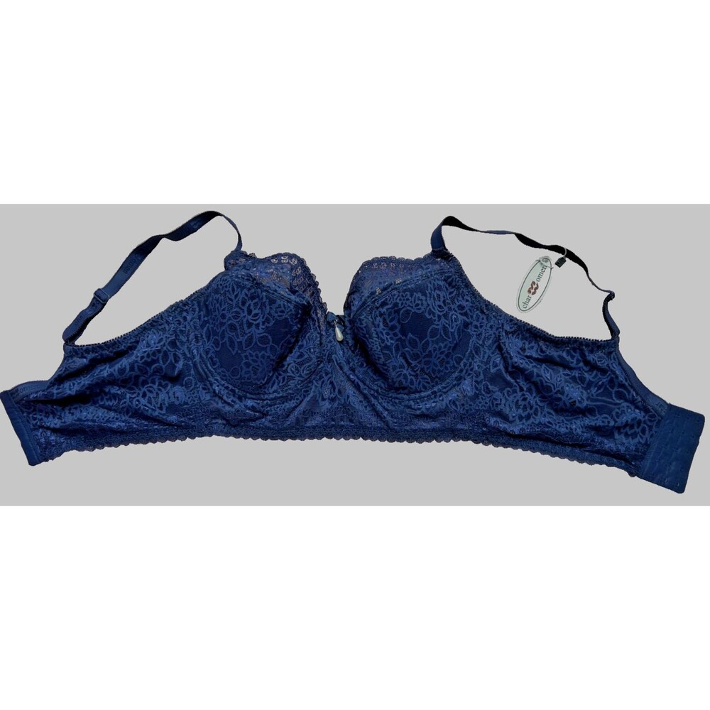 40D Bra Navy Blue Floral Lace Underwire Lightly Lined Push Up Bra Wide Band Cozy